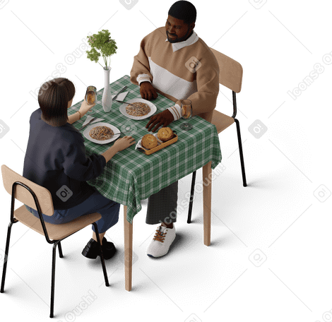 3D isometric view of young girl and young man having dinner together PNG, SVG