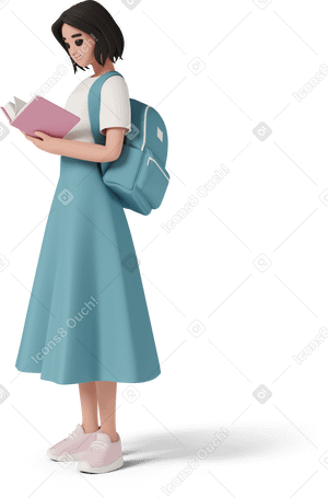 3D woman with backpack reading book PNG, SVG