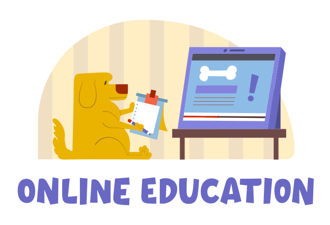Online education text with dog attending online class Illustration in PNG, SVG