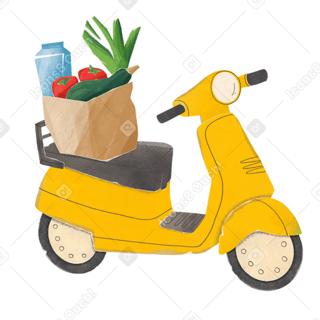 yellow scooter with a bag of groceries delivered Illustration in PNG, SVG