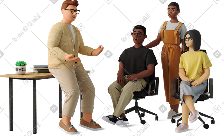 3D four people discussing work together PNG, SVG