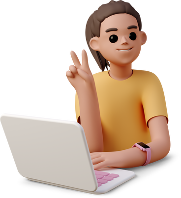 Молодая женщина работает на ноутбуке и показывает знак v в PNG, SVG