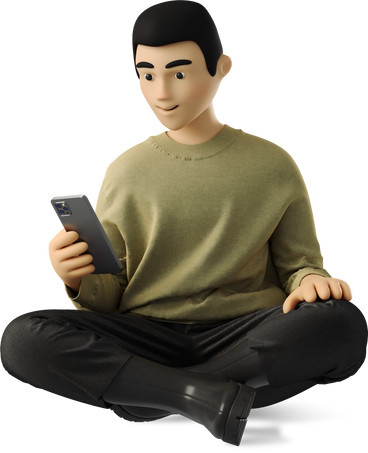 young asian man sitting with smartphone legs crossed PNG, SVG