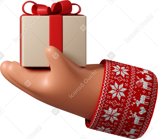 3D 선물 상자를 들고 크리스마스 패턴으로 빨간 스웨터를 입은 검게 그을린 피부 손 PNG, SVG