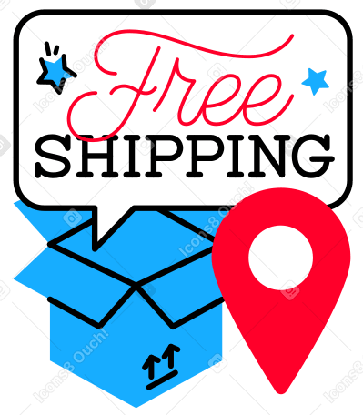 Надпись «бесплатная доставка» с коробкой доставки и знаком местоположения в PNG, SVG