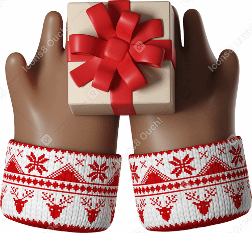 3D 선물 상자를 들고 흰색 크리스마스 스웨터에 어두운 갈색 피부 손 PNG, SVG