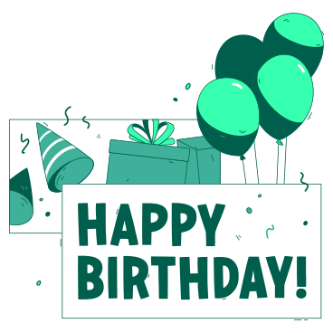 Envíe un mensaje de texto con letras de feliz cumpleaños con regalos, globos y confeti. PNG, SVG