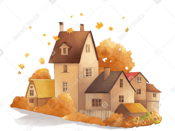 Autumn little town Illustration in PNG, SVG