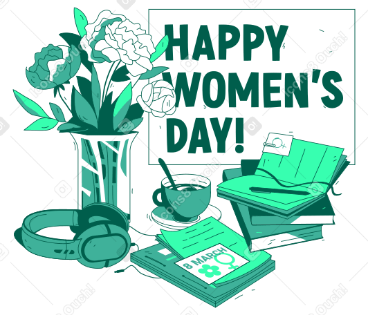 Texto feliz día de la mujer con flores y libros. PNG, SVG