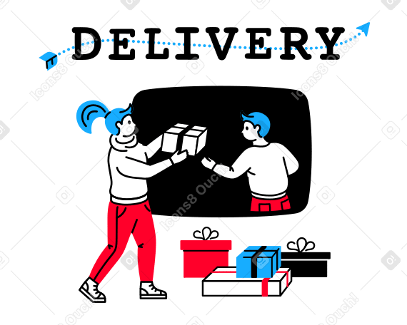 Delivery text and two people are loading parcels PNG, SVG