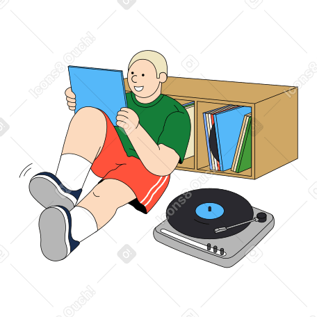 비닐 레코드 플레이어에서 음악을 듣는 청년 PNG, SVG