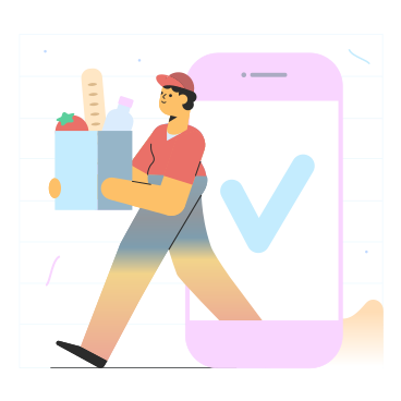 Delivery man coming from online shop in a phone with products PNG, SVG