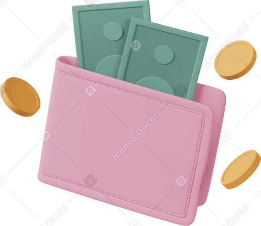 3D wallet with banknots and coins flying around PNG, SVG