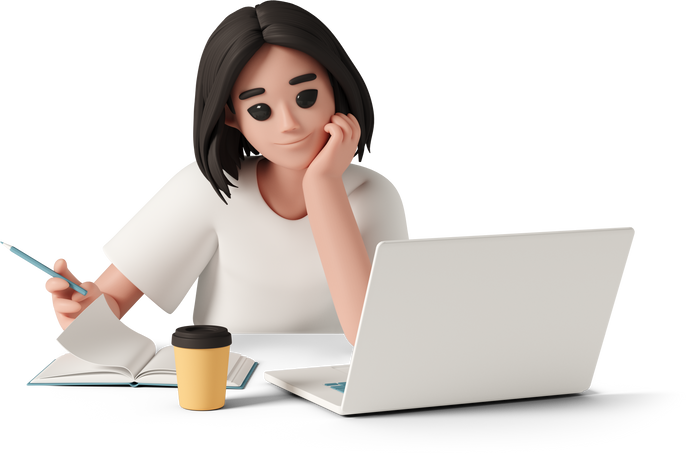 3D young woman at work with laptop writing PNG, SVG