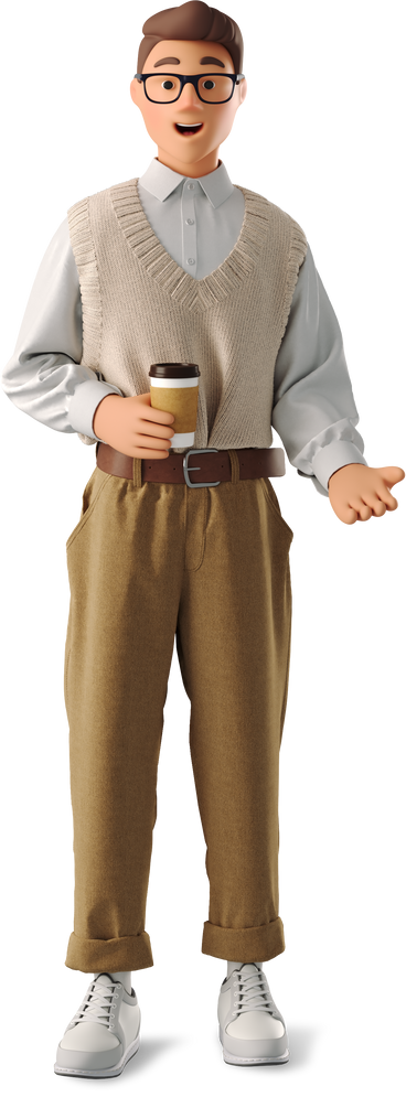 Jeune homme avec un café debout et parlant PNG, SVG