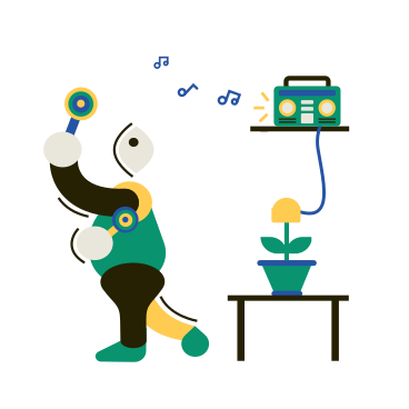 Man dancing to boombox plugged into plant PNG, SVG
