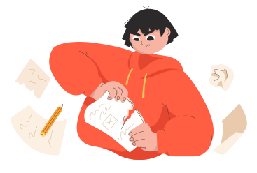 Angry short-haired girl in red hoodie tears paper PNG, SVG