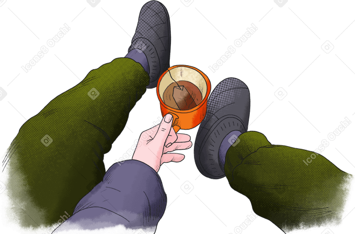legs of a traveler with a mug in his hand PNG, SVG