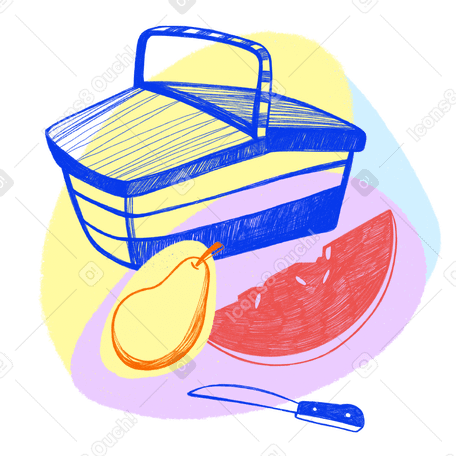 Picnic outdoors with a wicker basket and fruit Illustration in PNG, SVG