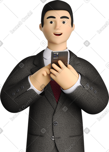 Businessman in black suit with phone looking straight PNG, SVG