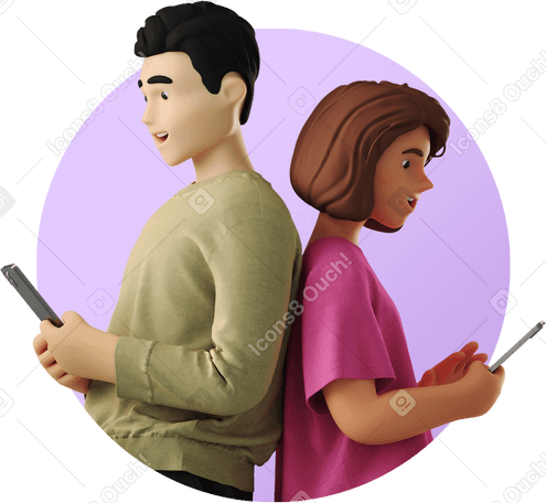3D man and woman with phones standing back to back PNG, SVG