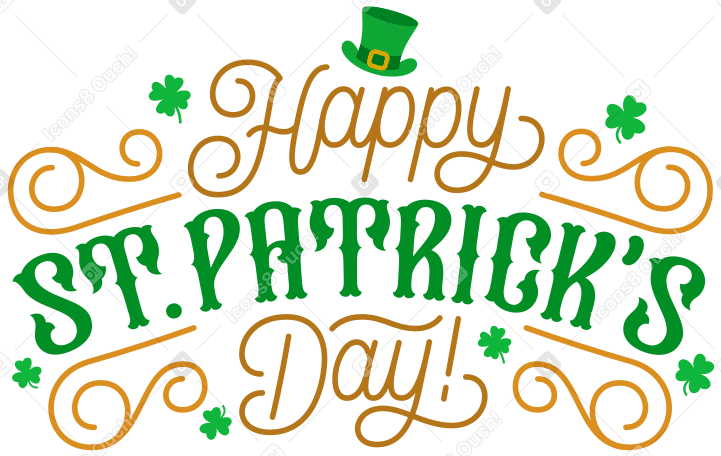 lettering happy st. patrick's day! with clovers and patrick's cylinder Illustration in PNG, SVG