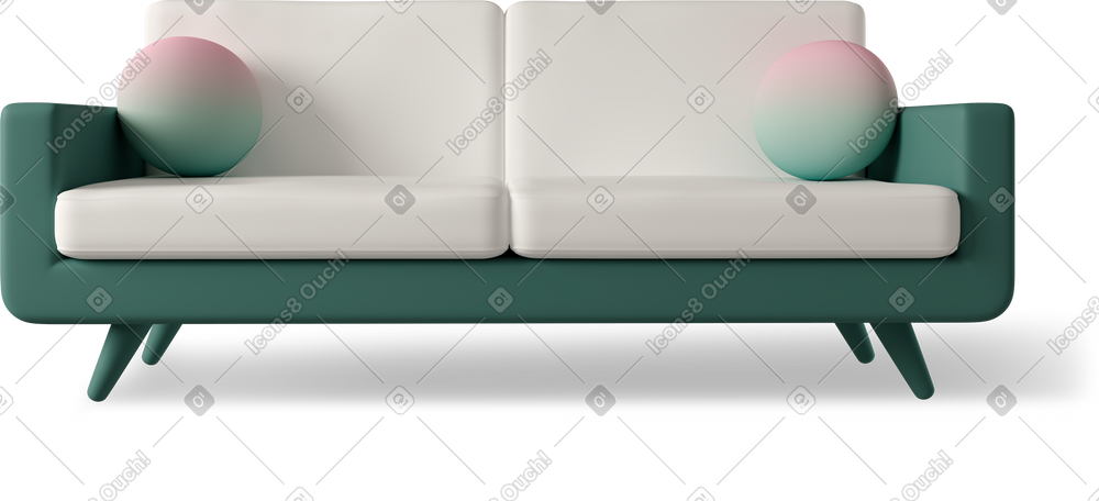 3D green sofa with two pillows PNG, SVG