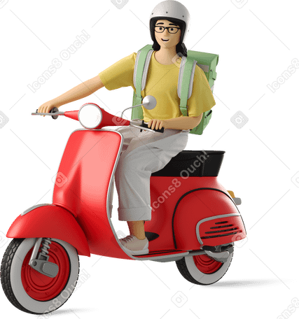 3D young woman on a moped with a backpack PNG, SVG