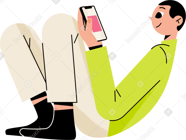 young man sitting with phone Illustration in PNG, SVG