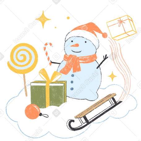 Muñeco de nieve con dulces y regalos para año nuevo y navidad. PNG, SVG