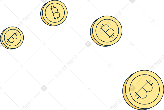 four bitcoin coins flying Illustration in PNG, SVG