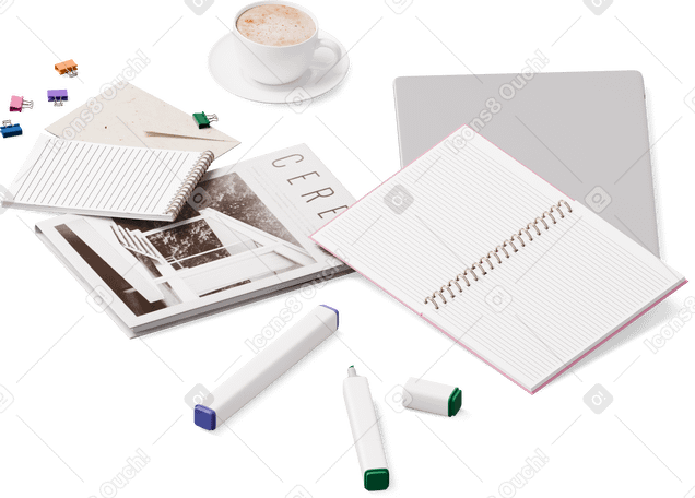 3D isometric view of closed laptop, magazine, notebooks, markers and pins PNG, SVG