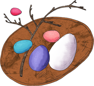 Brown plate with colored easter eggs and a twig PNG, SVG