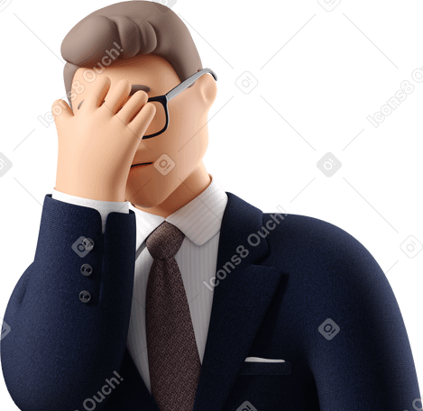 3D close up of businessman in dark blue suit facepalming Illustration in PNG, SVG