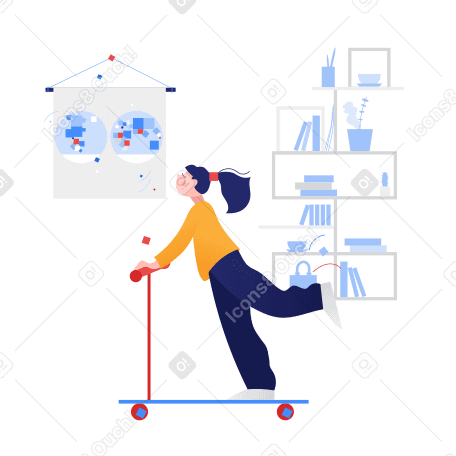 Girl riding a scooter at home. Stay home concept PNG, SVG
