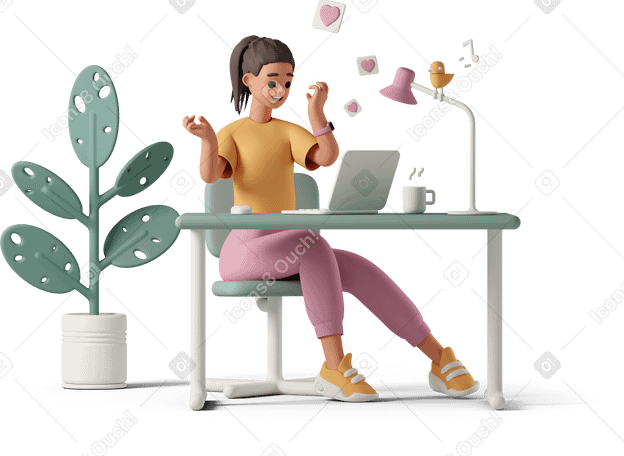 3D excited young woman receiving like notifications on her laptop PNG, SVG