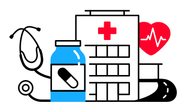 Hospital building, jar of pills, stethoscope and heart with a cardiogram animated illustration in GIF, Lottie (JSON), AE