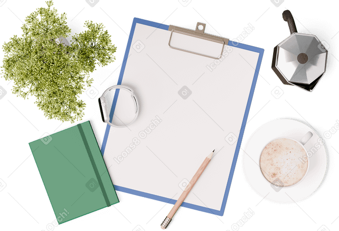 3D top view of clipboard, plant, notebook and cup of coffee PNG, SVG