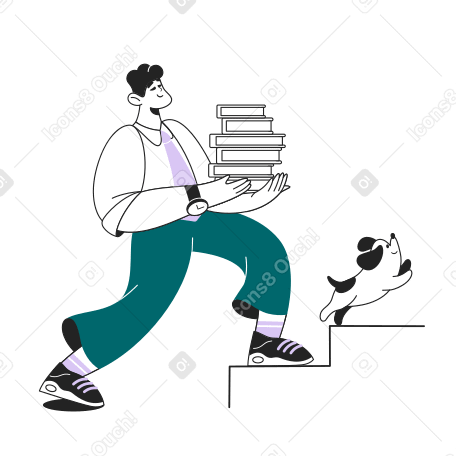 Student runs with a stack of books and a dog PNG, SVG