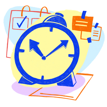 Time management with big blue alarm clock and calendar with tasks PNG, SVG