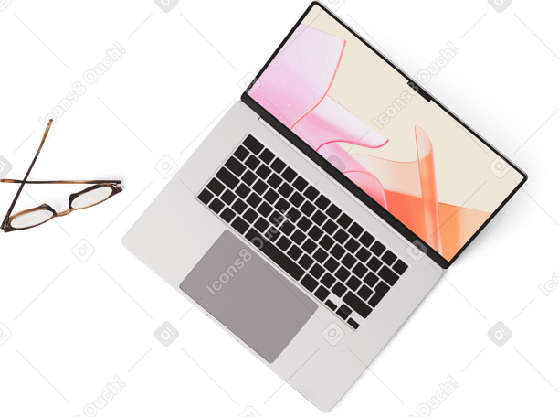 3D top view of laptop and glasses PNG、SVG