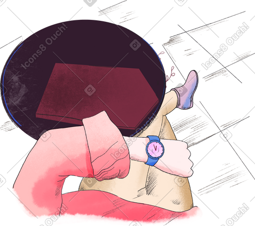 woman with a watch in her hands is sitting at a round table PNG, SVG