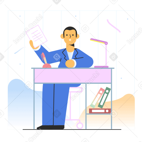 Man sitting at desk with document in hand Illustration in PNG, SVG