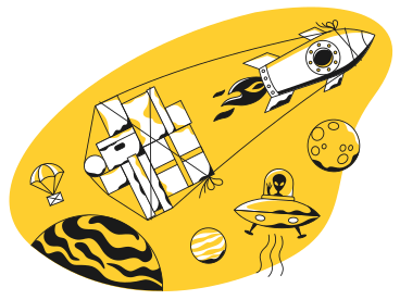 Ilustración animada de Cohete que entrega paquetes a extraterrestres en el espacio en GIF, Lottie (JSON), AE