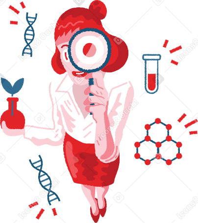 Женщина-ученый смотрит через увеличительное стекло в PNG, SVG