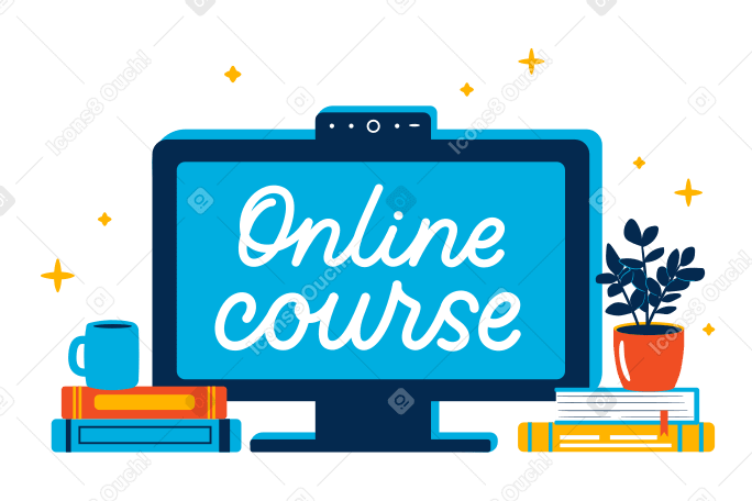Online course lettering on the computer with books, a mug and a potted plant PNG, SVG