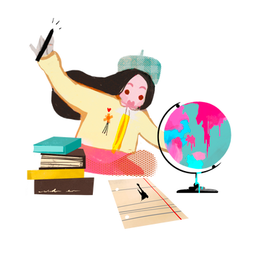 Девушка с глобусом и книгами учится в PNG, SVG