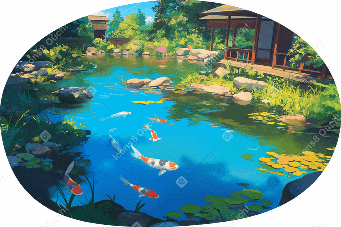 日本の鯉の池の背景 PNG、SVG