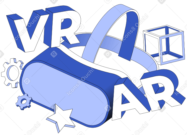 Надпись vr/ar с текстом в очках vr и шестеренках в PNG, SVG