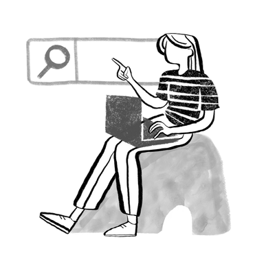 Black and white woman with long hair searching on a laptop PNG, SVG